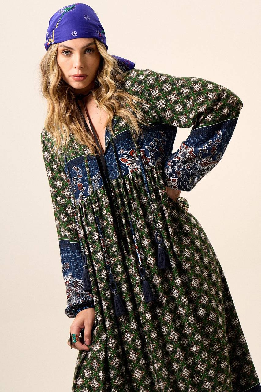Yacamim Women's Green Patchwork Paisley Print Long Dress with Puffy Sleeves