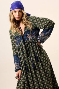 Yacamim Women's Green Patchwork Paisley Print Long Dress with Puffy Sleeves