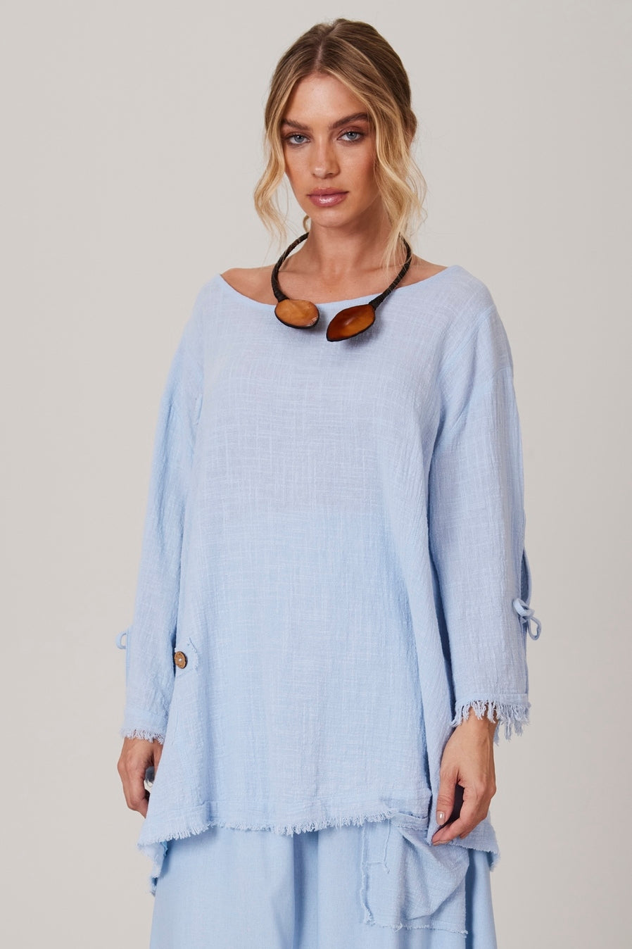 Light Blue Wide Canoe Neck Blouse Yacamim A28