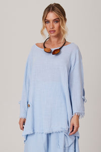 Light Blue Wide Canoe Neck Blouse Yacamim A28