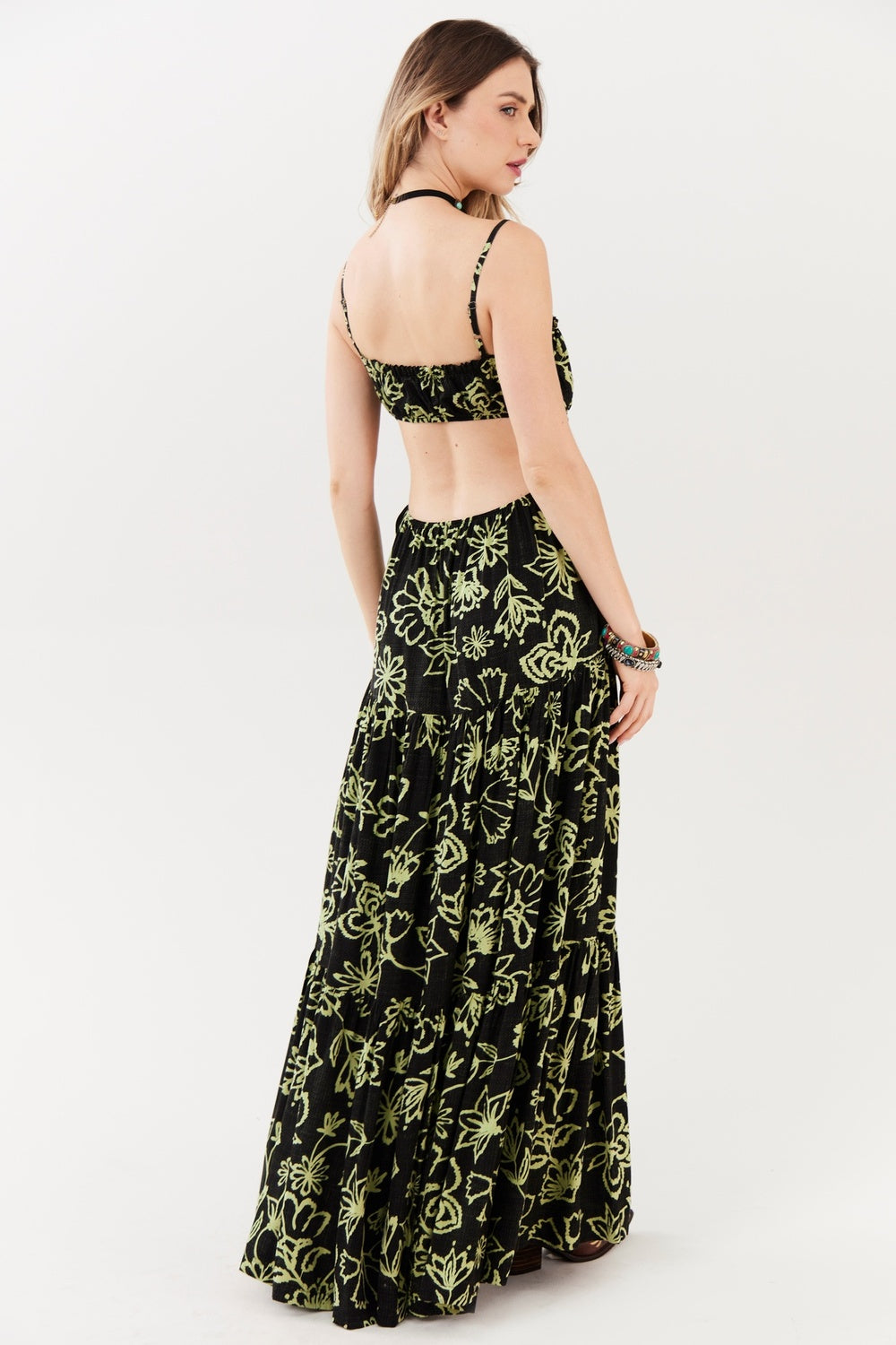 Yacamim Black and Green Printed Long Dress C15