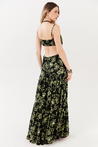 Yacamim Black and Green Printed Long Dress C15