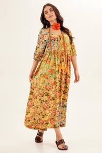 Yacamim Yellow Patchwork 3/4 Sleeve Midi Dress