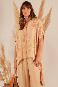 Yacamim Beige Printed Long Back Loose Shirt A5