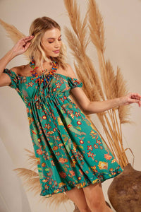 Yacamim Green Printed Off-the-Shoulder Mini Dress