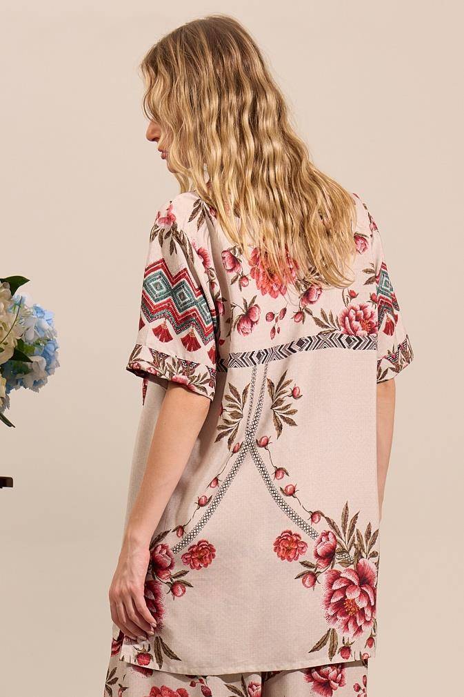 Yacamim A8 Printed Beige Short-Sleeved Loose Shirt