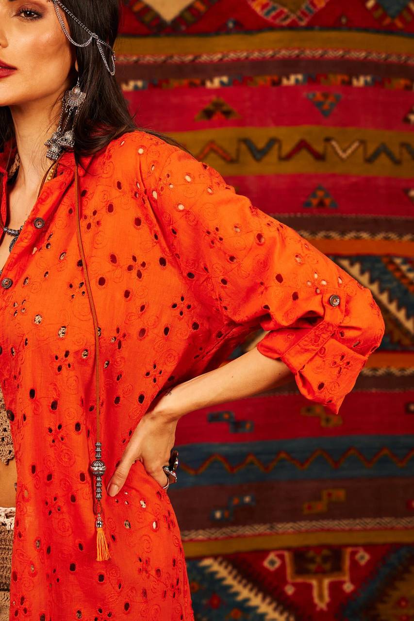 Yacamim Orange Broderie Folded Sleeve Midi Shirt Dress