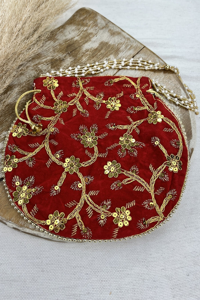Yacamim Embroidered Red Small Drawstring Bag #203