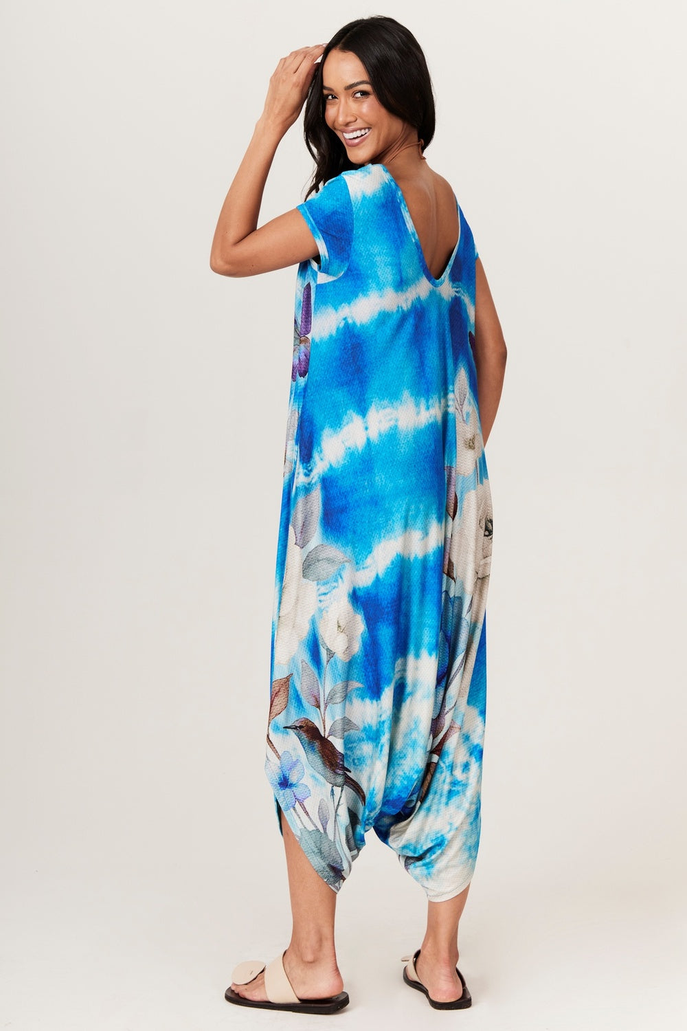 Yacamim O6 Blue Tie-Dye Print Harem Jumpsuit