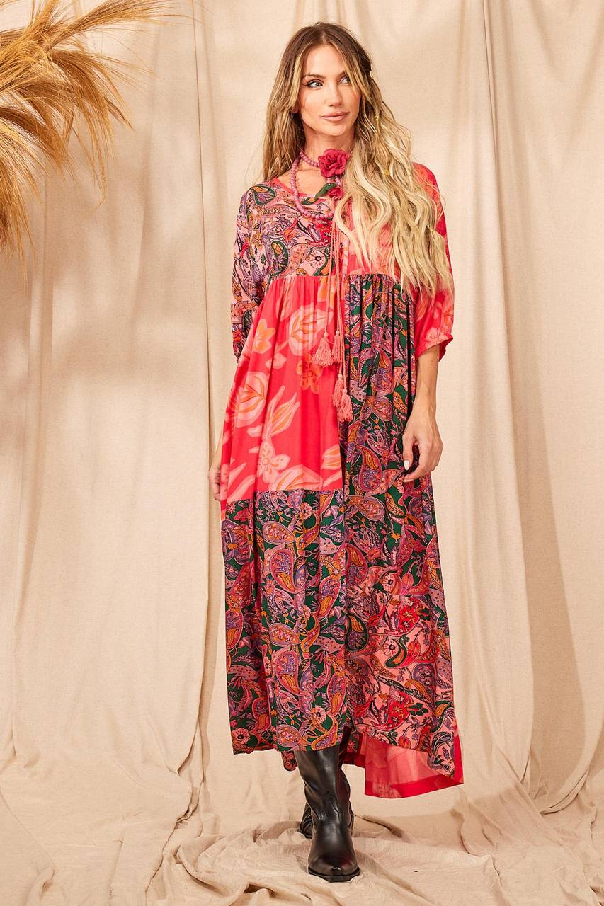 Women's Pink Patchwork Pom Pom Drawstring Long Dress