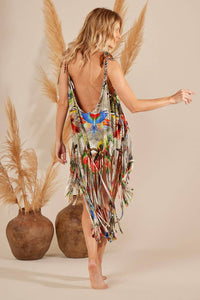 Yacamim F14 Grey Bird Print Fringe Tank Top and Shorts Set