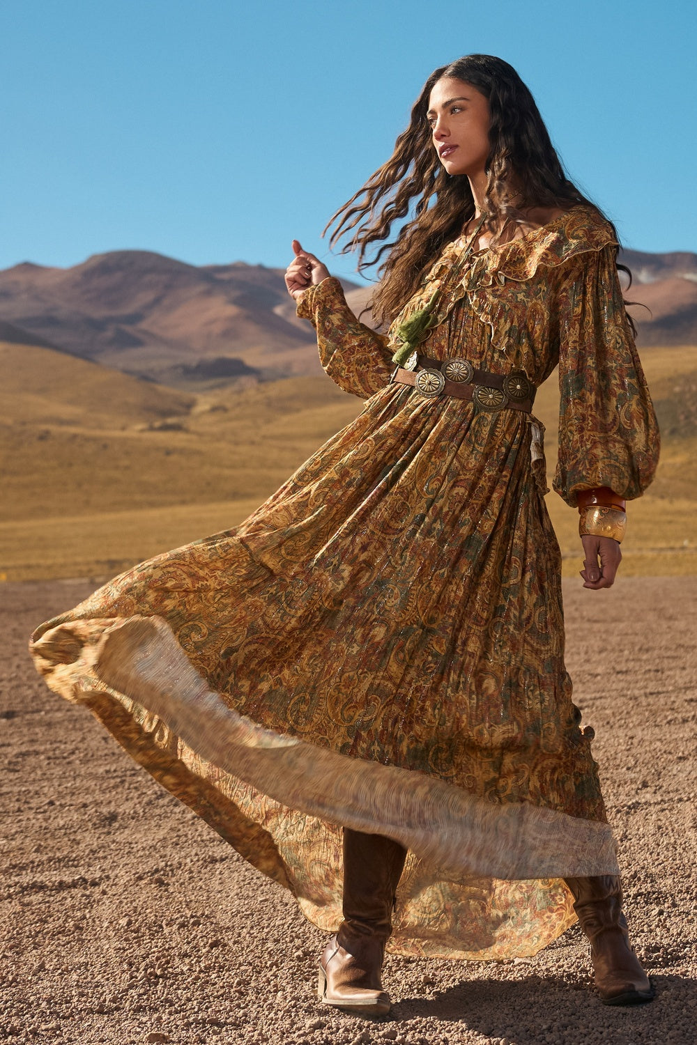 Dark Beige Paisley Lurex Long Dress Yacamim C7