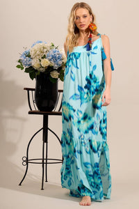Yacamim E8 Light Blue Printed One Shoulder Long Dress with Straps