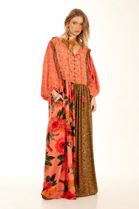 Yacamim Pink Patchwork Loose Long Dress with Puffed Sleeves