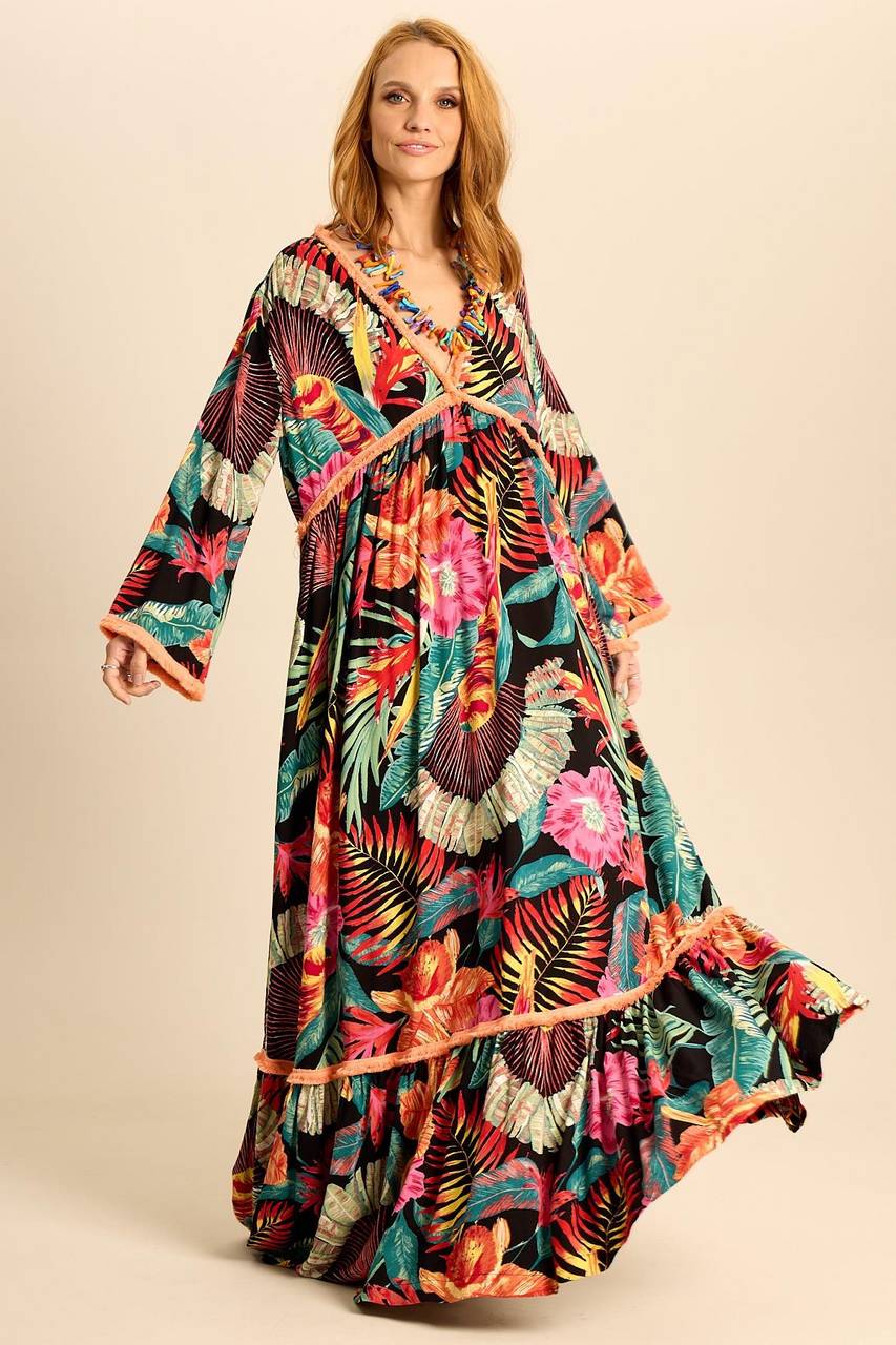 Yacamim Long Floral Print Long Sleeve Dress C9
