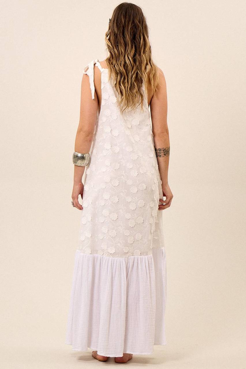 Yacamim White Long Dress with Tie Straps and Embroidered Flowers