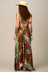 Yacamim Paisley Print Brown Halter Maxi Dress E9