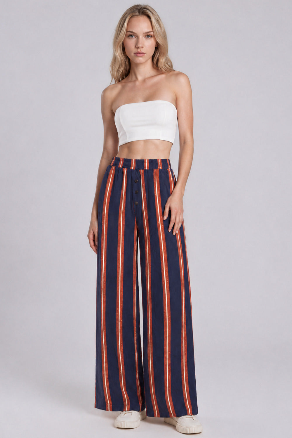 Calça Pantalona Azul Marinho E Vermelha Listrada Yacamim S6