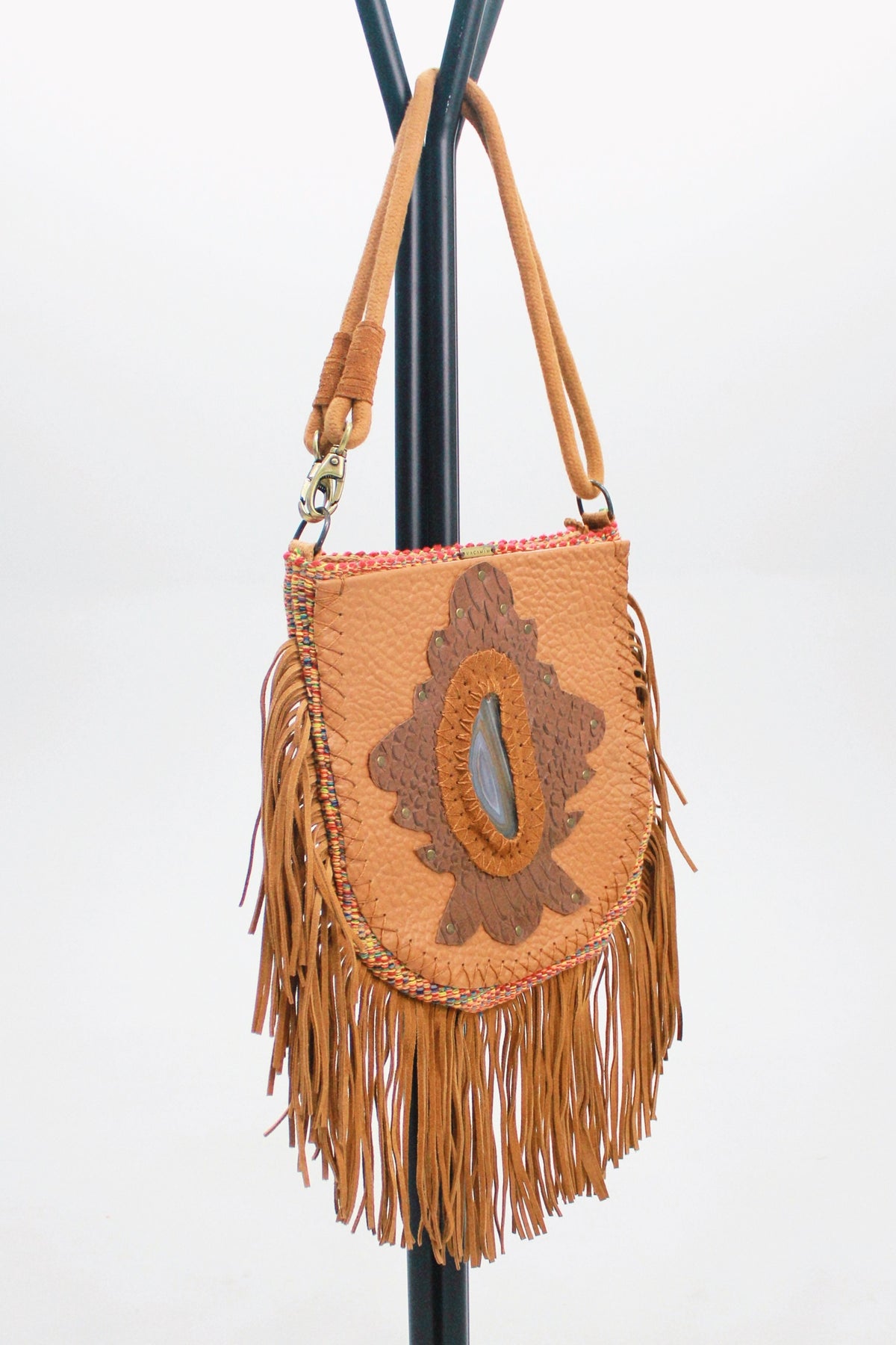 Leather Fringe Bag With Yacamim Stone Detail #422