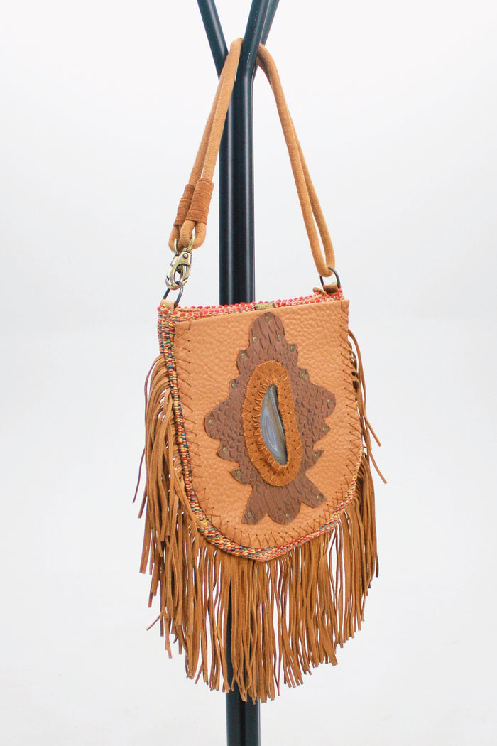 Leather Fringe Bag With Yacamim Stone Detail #422