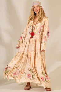 Long Beige Printed Long-Sleeved Dress Yacamim Retro Collection E22