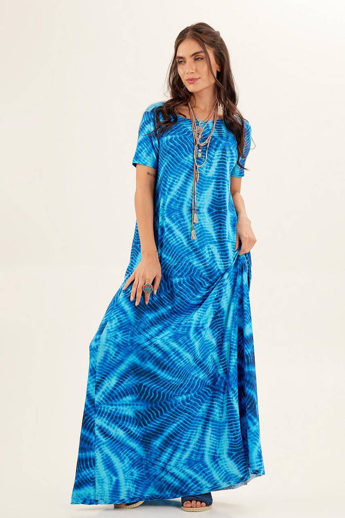 Loose-Fitting Long Dress with Short Sleeves and Blue Tie-Dye Yacamim Digital Print