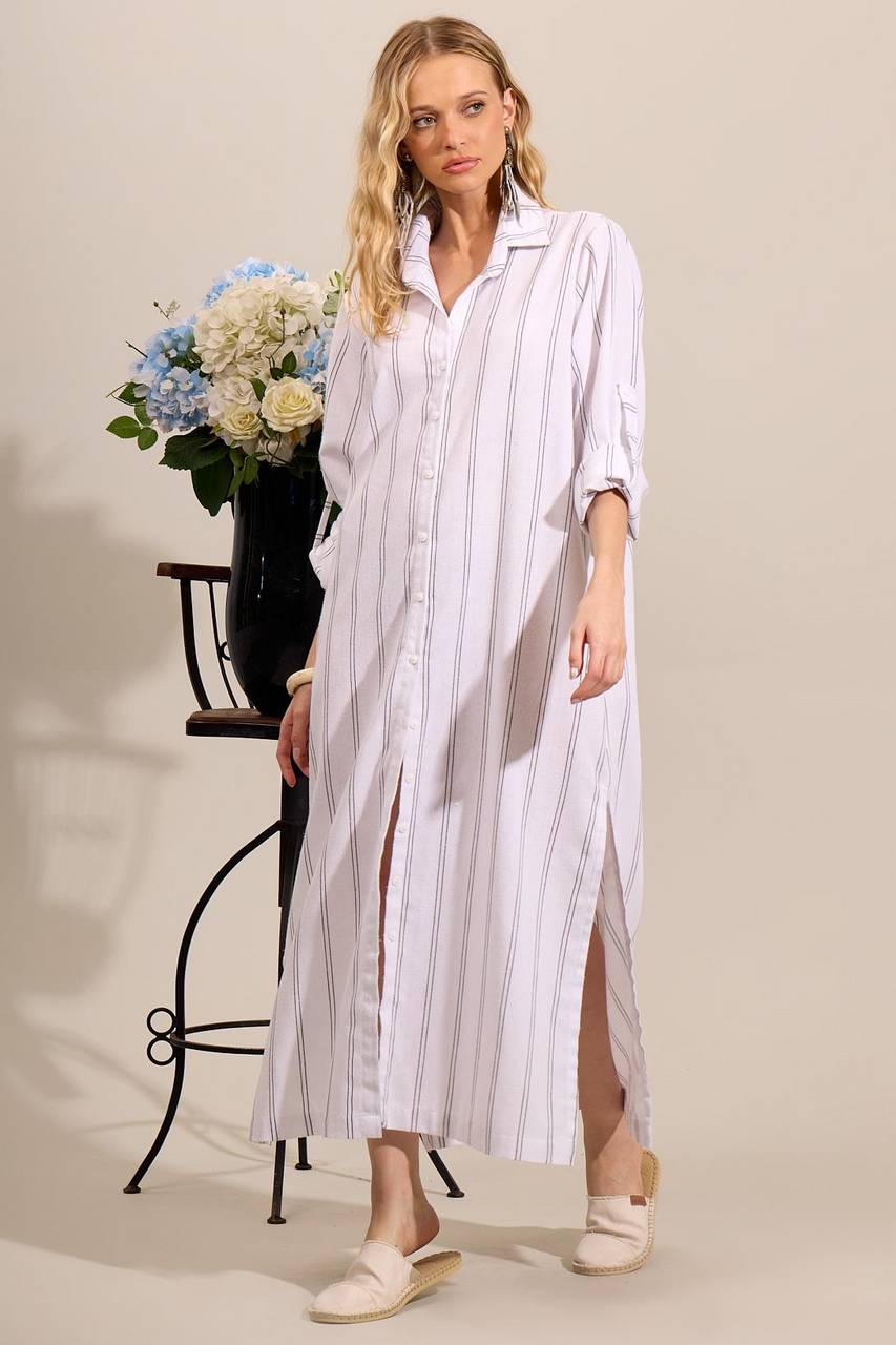 Yacamim N3 Striped White Long Sleeve Linen Shirt Dress