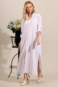 Yacamim N3 Striped White Long Sleeve Linen Shirt Dress