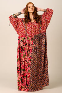 Yacamim D7 Loose Pink Floral Patchwork Long Dress