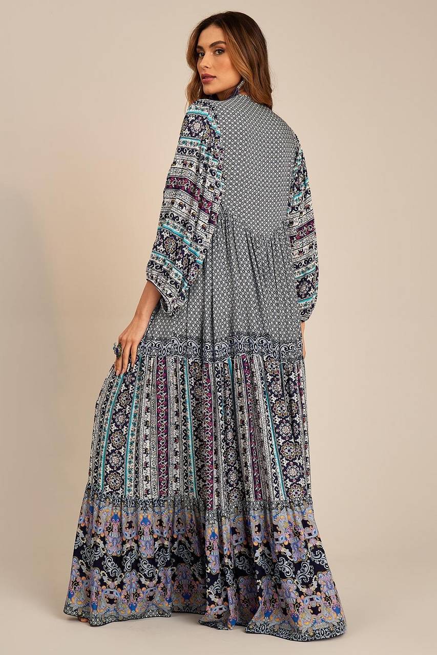 Yacamim Patchwork Blue Long Chemise Dress with Puffed Long Sleeves