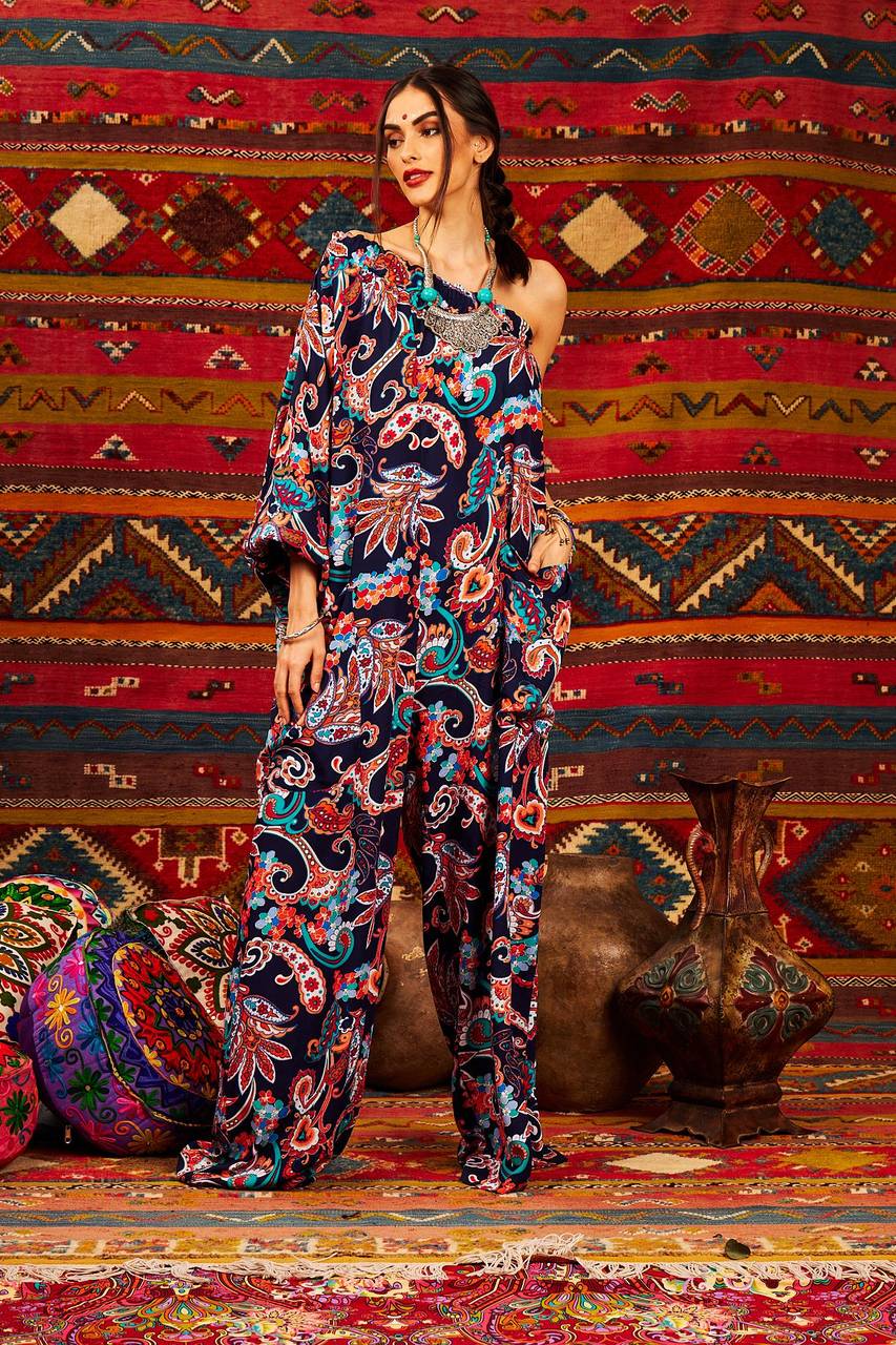 Blue One-Shoulder Cashmere Print Wide-Leg Jumpsuit Yacamim
