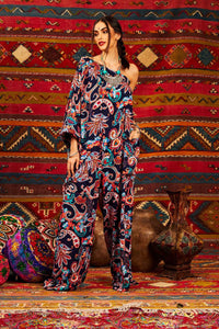 Blue One-Shoulder Cashmere Print Wide-Leg Jumpsuit Yacamim
