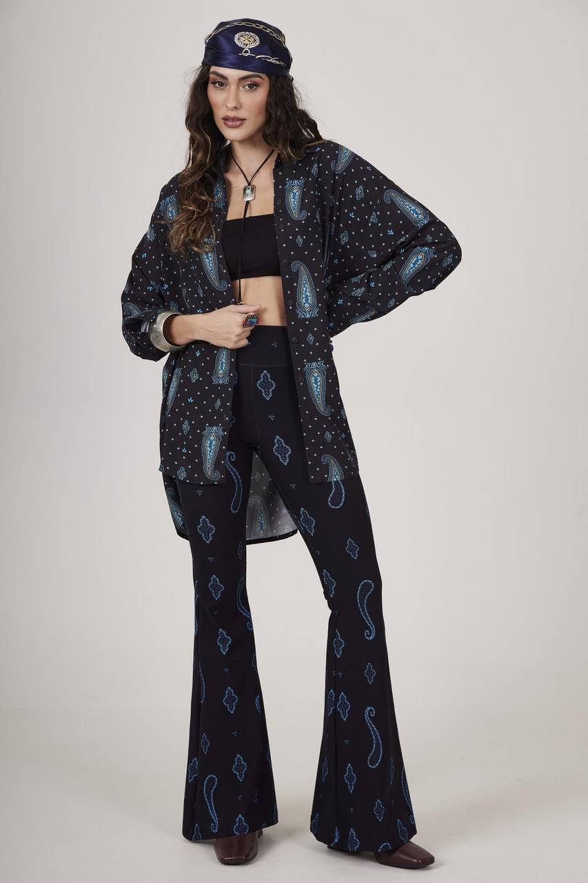 Yacamim A17 Navy Blue High-Waisted Flare Cashmere Pants