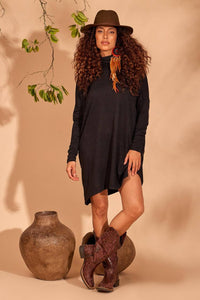Black Yacamim Short Dress with Long Sleeves and Turtleneck