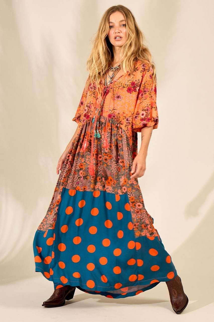 Yacamim Orange Patchwork Long Dress with Puffy Sleeves