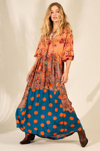 Yacamim Orange Patchwork Long Dress with Puffy Sleeves