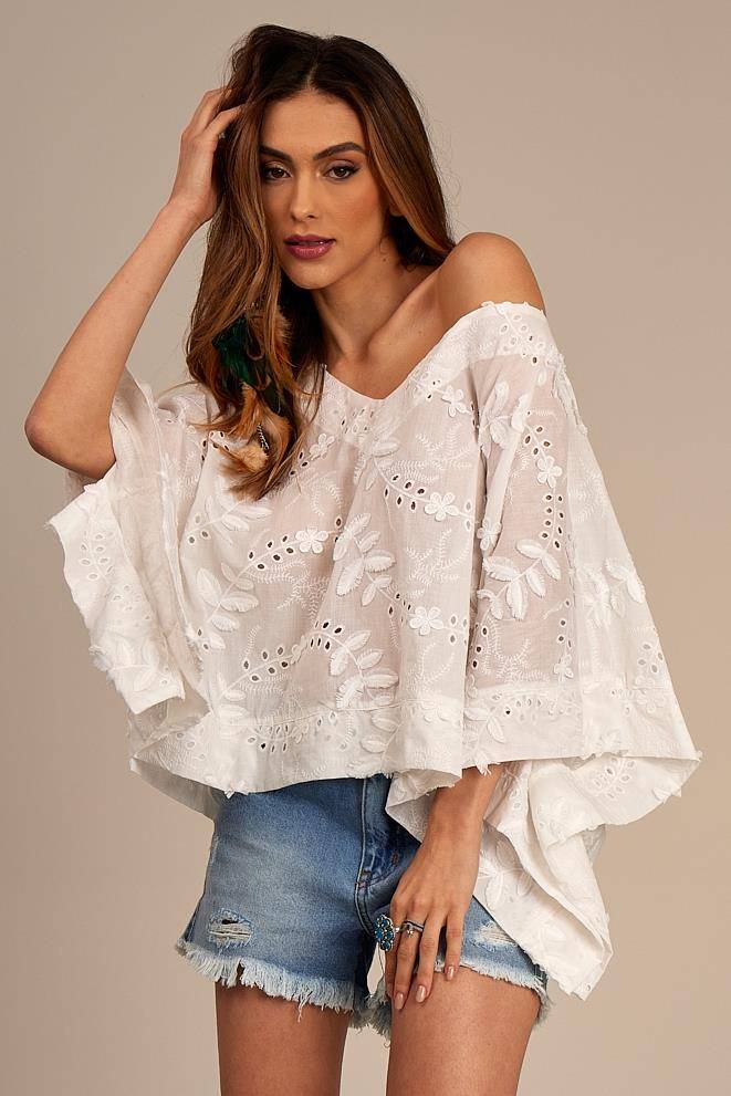 White Basic Yacamim Embroidered Drop-Shoulder Tunic