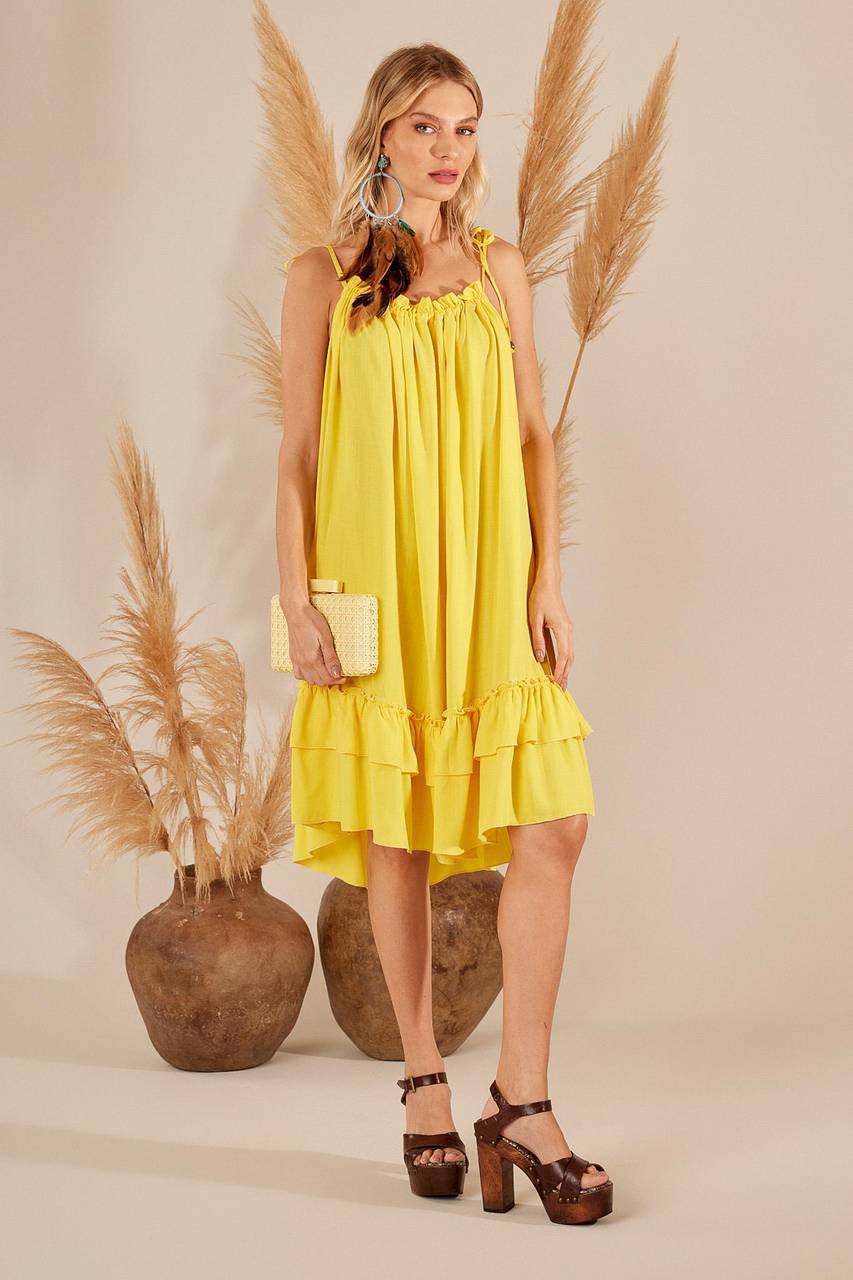 Yacamim C10 Yellow Short Dress with Bandeau Neckline