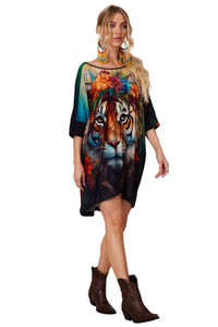Black Elongated T-shirt with Exclusive Yacamim Tiger Print B4