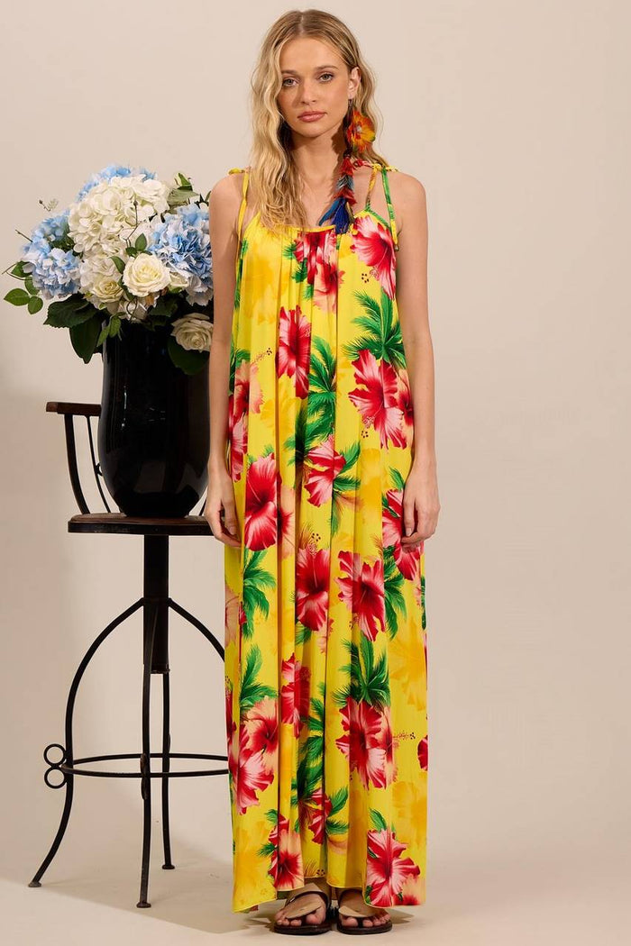 Yacamim E11 Yellow Printed Long Dress with Tie Straps