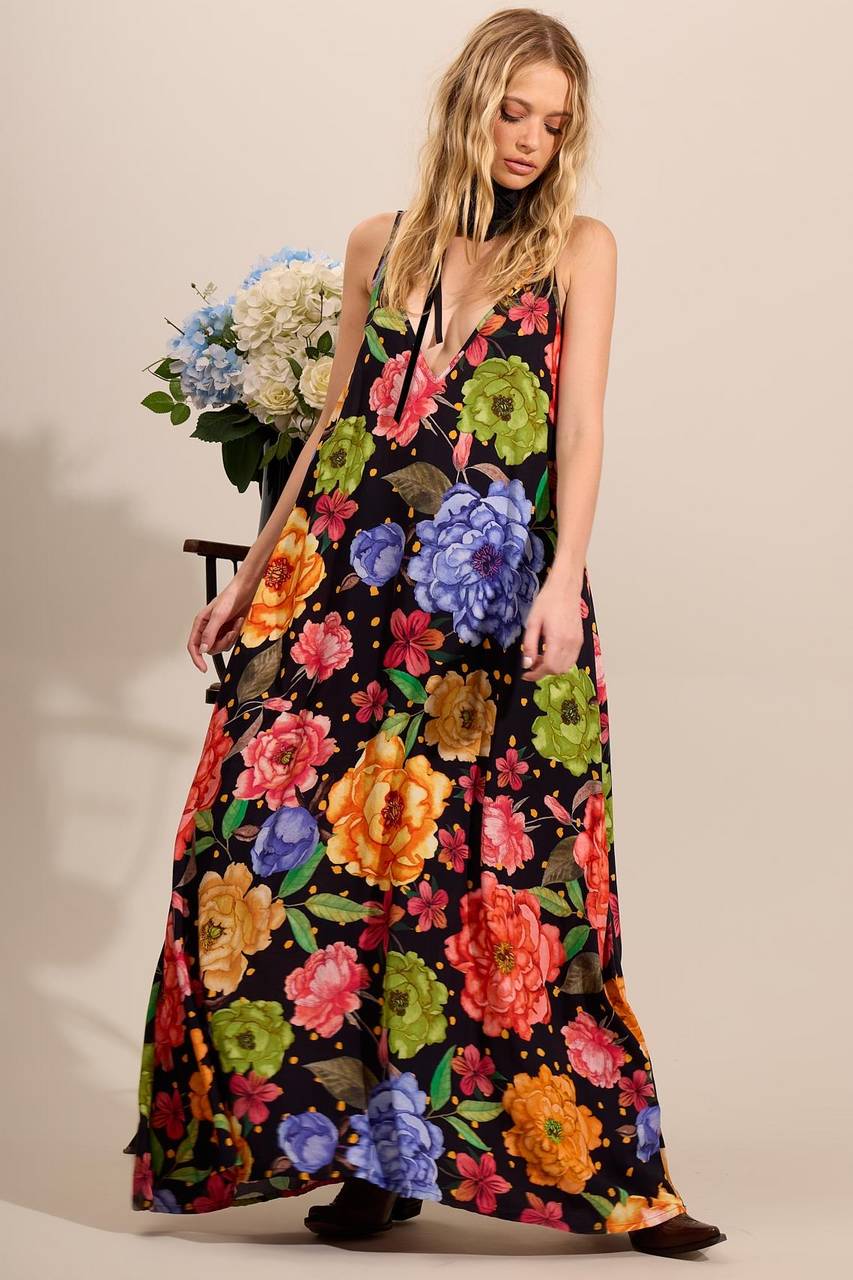 Yacamim Black Floral Print V-Neck Long Dress with Adjustable Straps