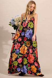 Yacamim Black Floral Print V-Neck Long Dress with Adjustable Straps