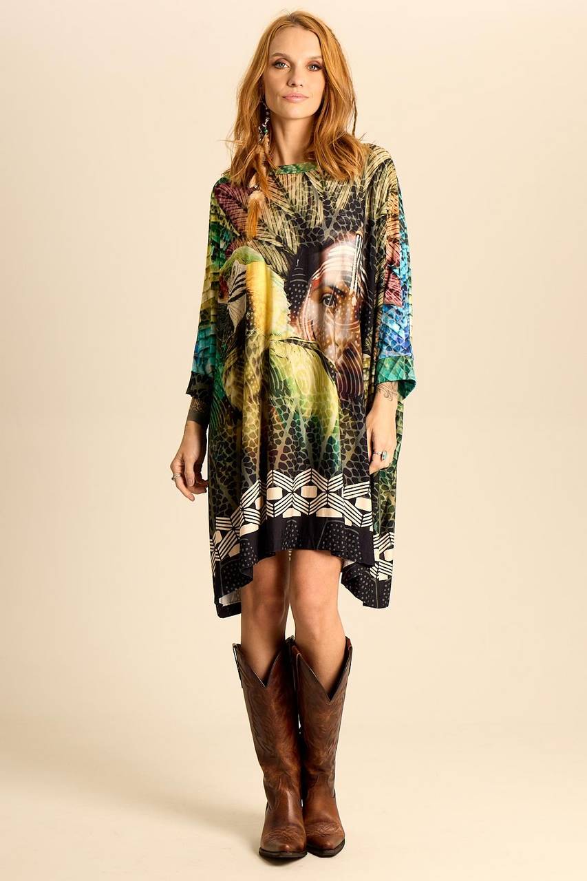 Yacamim B11 Wide Tunic with 3/8 Sleeves - Green Indigenous Print