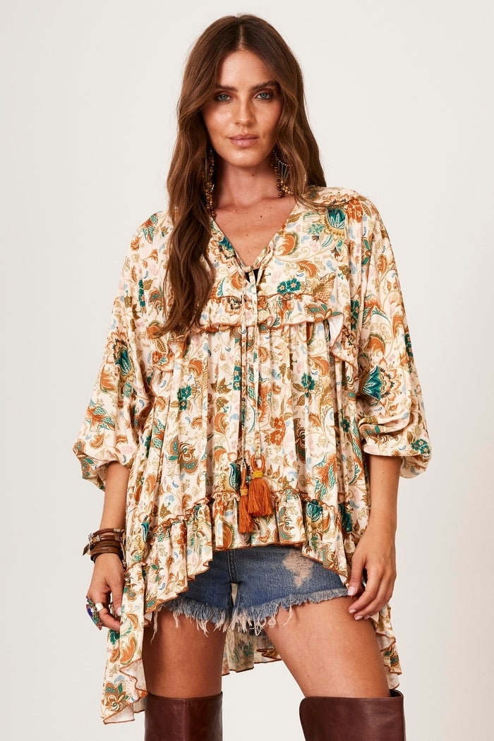Yacamim B24 Beige Wide Blouse with Puffy Sleeves