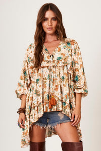 Yacamim B24 Beige Wide Blouse with Puffy Sleeves