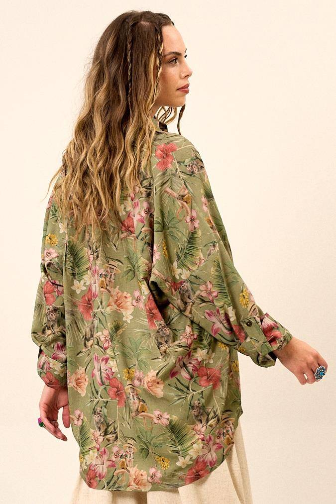 Yacamim Green Printed Loose Shirt with Long Sleeves A8