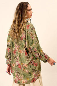 Yacamim Green Printed Loose Shirt with Long Sleeves A8