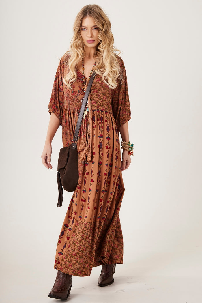 Yacamim E2 Brown Patchwork Printed Long Dress