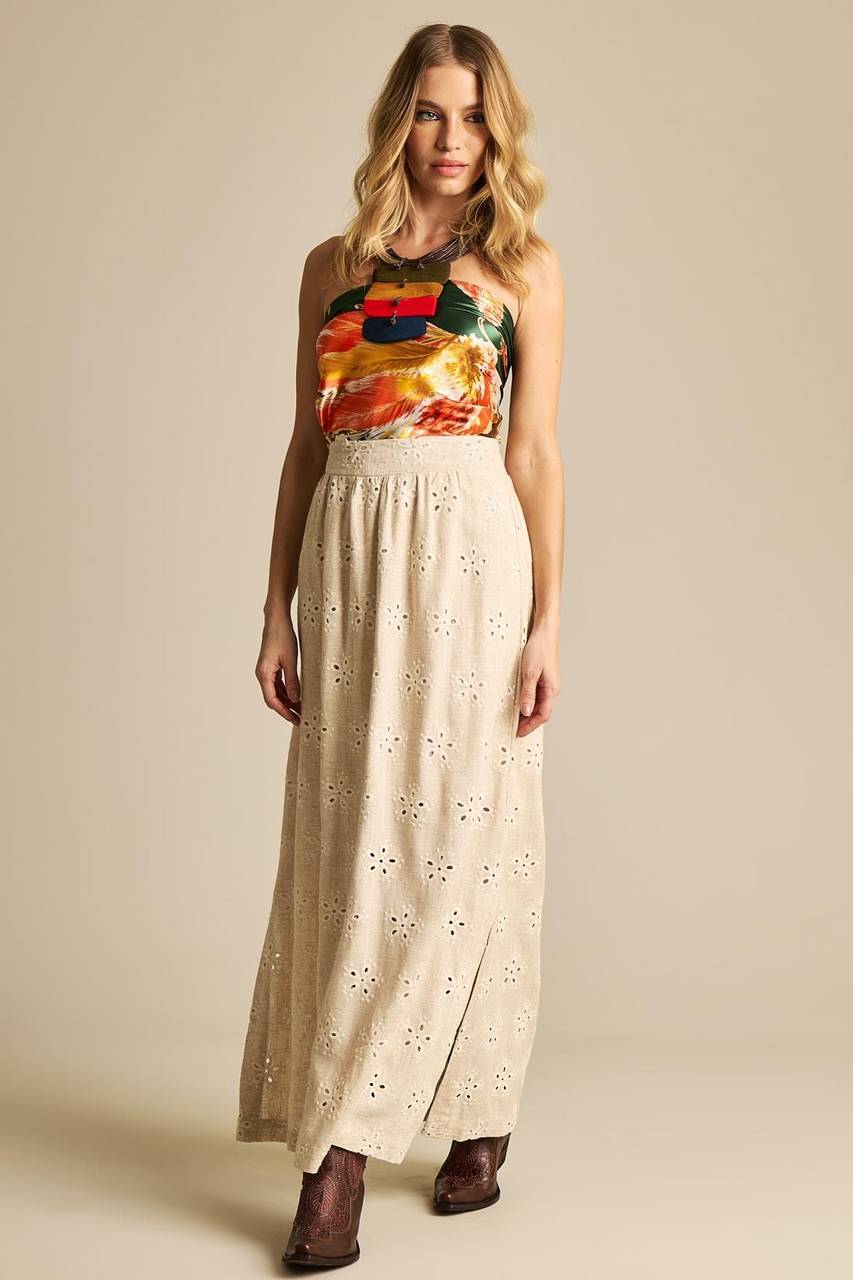 Yacamim Embroidered Beige Linen Full-Length A-Line Skirt G10