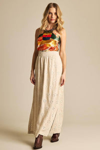 Yacamim Embroidered Beige Linen Full-Length A-Line Skirt G10